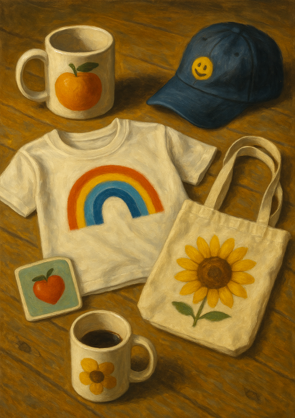 White t-shirt with rainbow design, blue cap, sunflower tote bag, coffee mug, and coaster on a wooden surface.